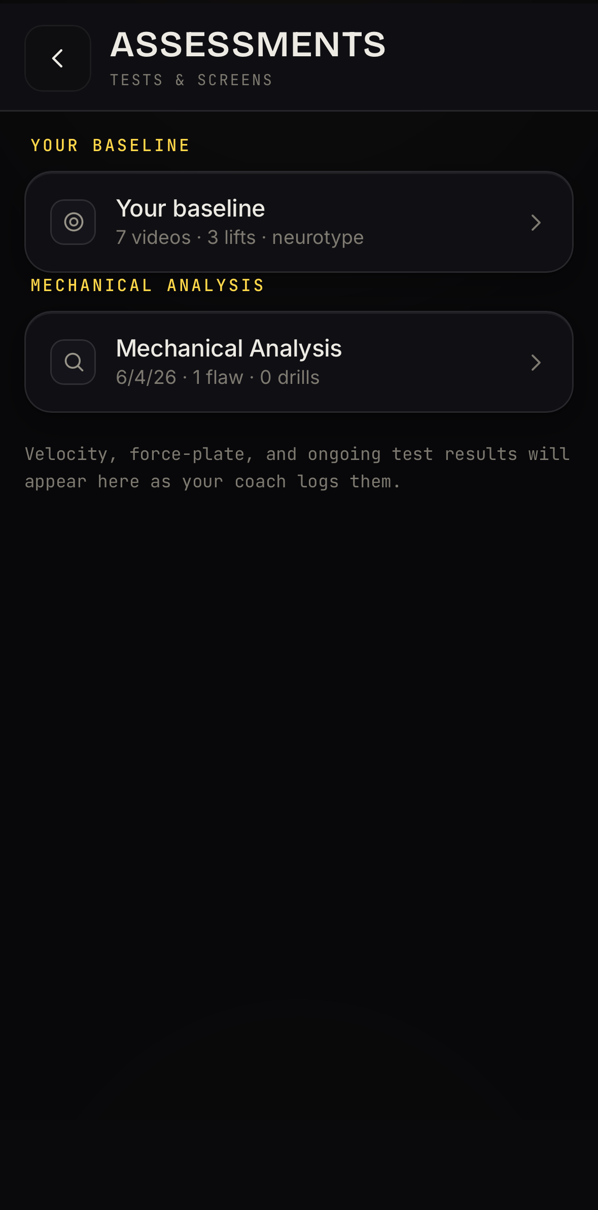 Athlete Portal assessments screen: your movement and throwing baseline.