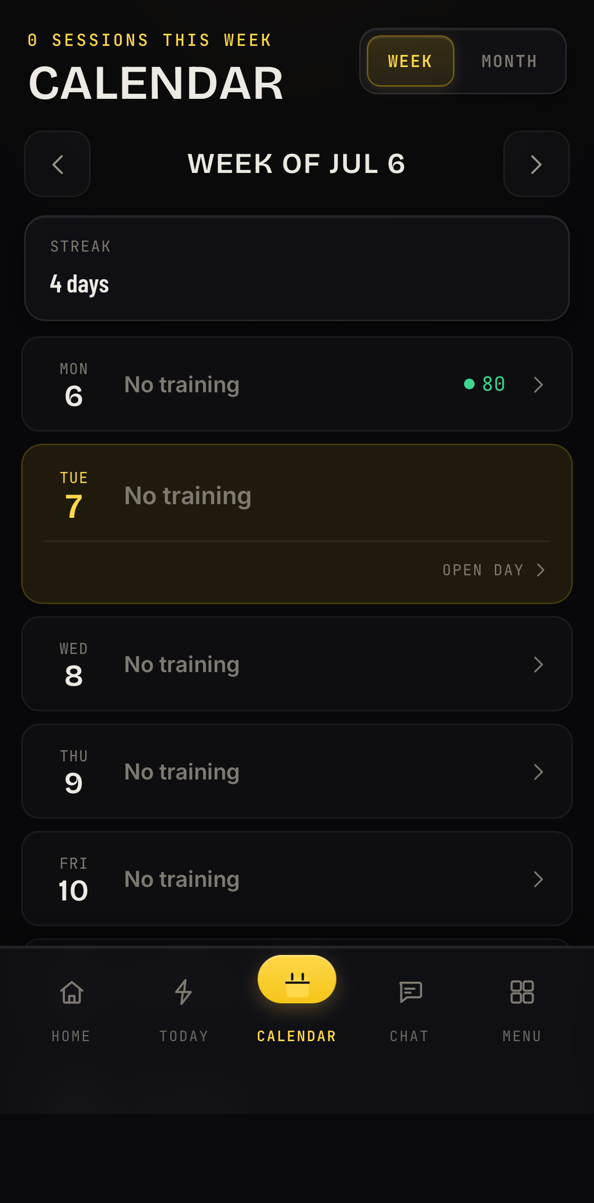 Athlete Portal calendar screen: the training week laid out by date.