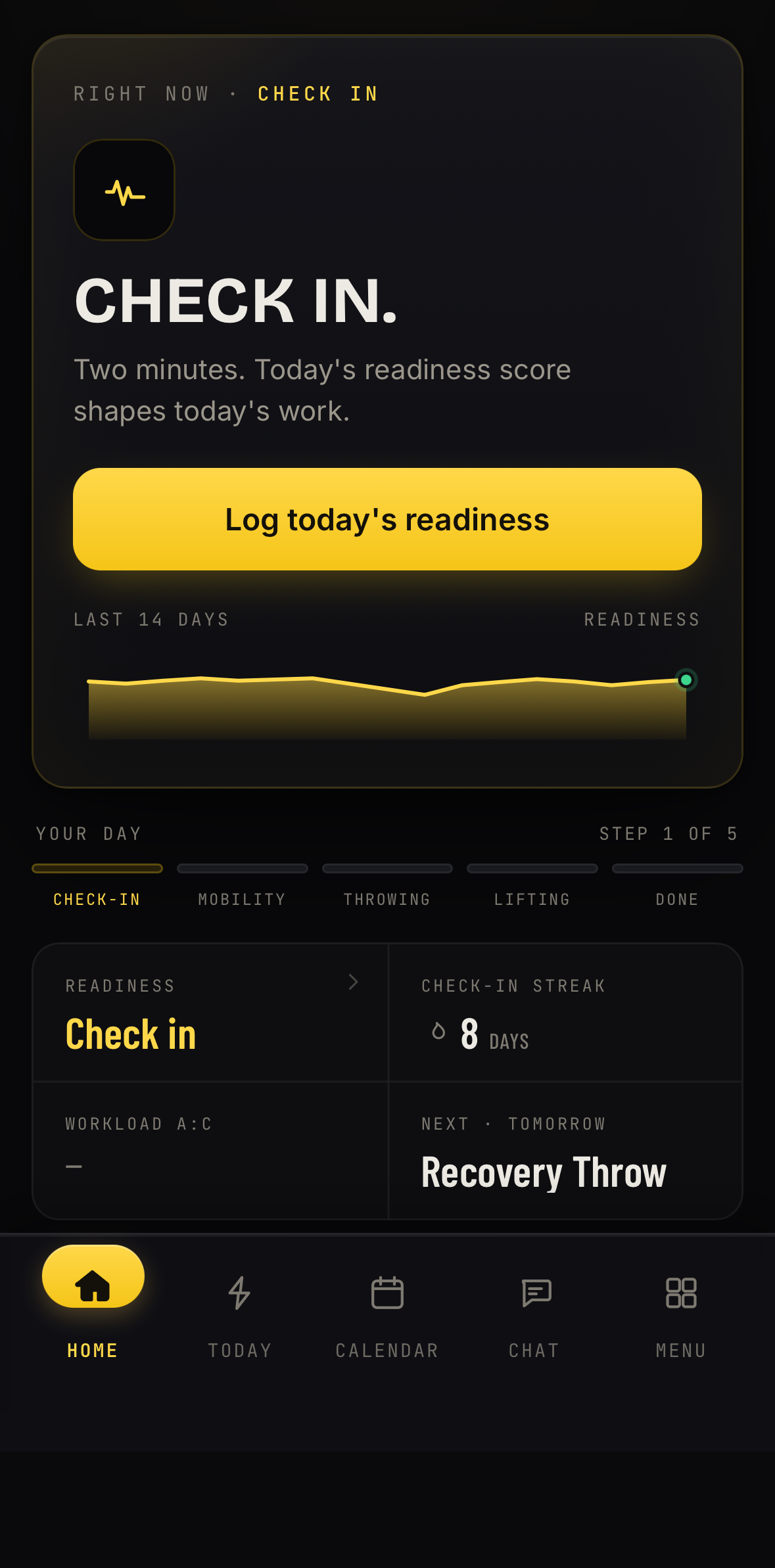Athlete Portal home: readiness, what is next, and your 14-day trend.