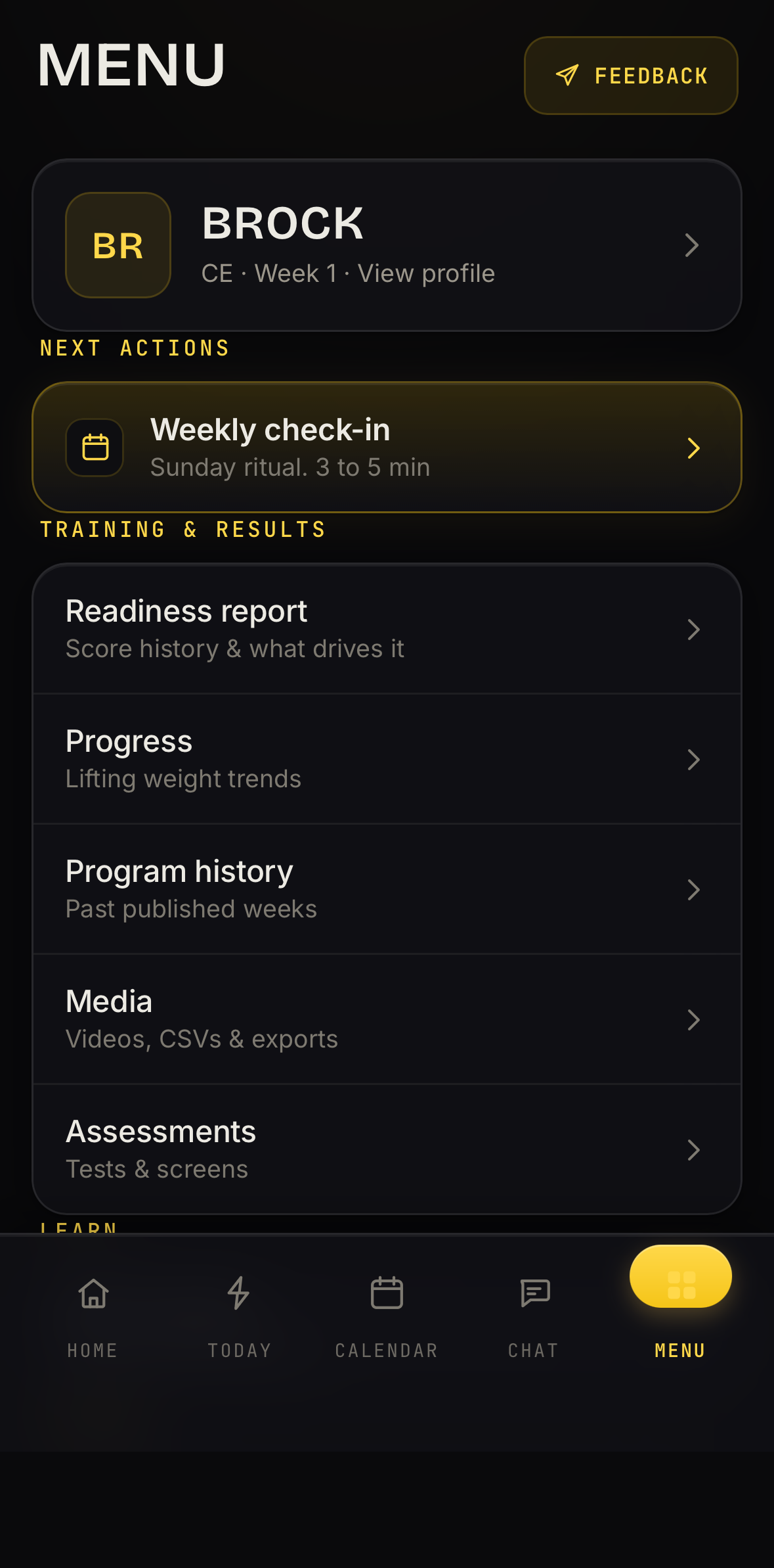 Athlete Portal menu screen: the whole program in one place.