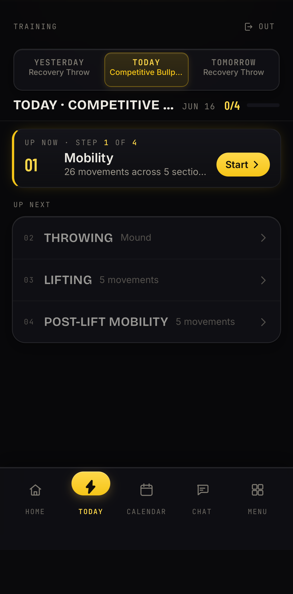 Athlete Portal today: the day in blocks, mobility to recovery.